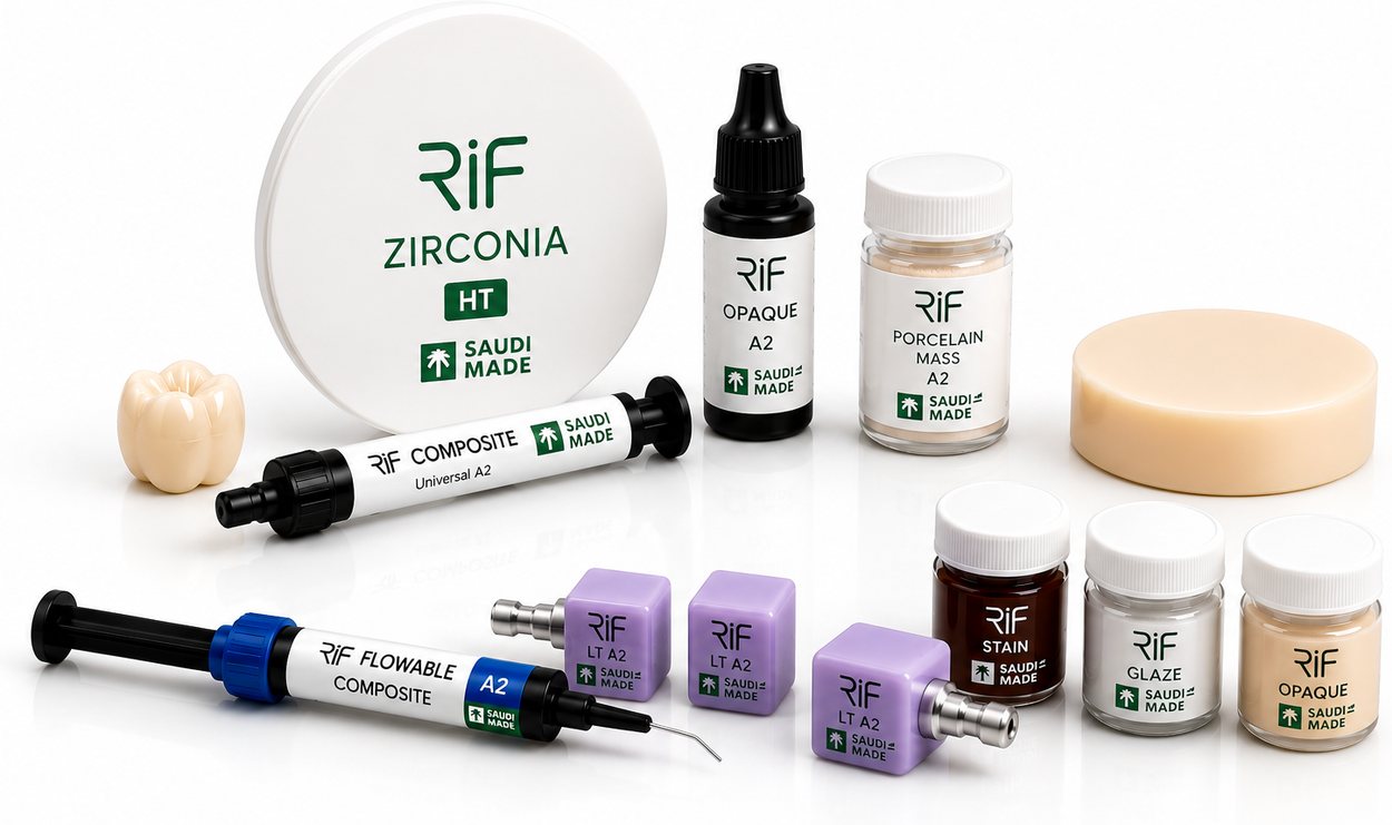 RIF dental materials: zirconia discs, blocks, composites, opaque, stain and glaze