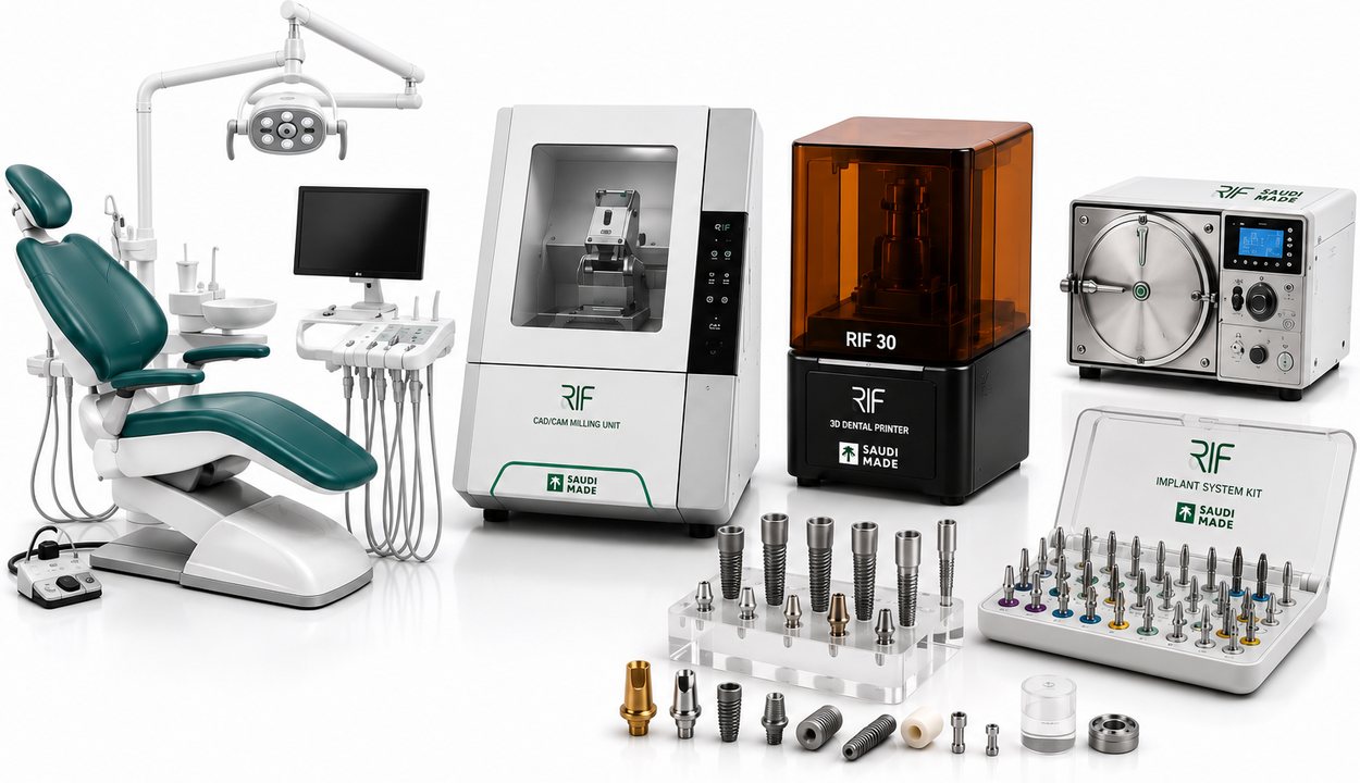 RIF advanced equipment: dental chair, CAD/CAM milling unit, 3D printer, autoclave and implant system kit